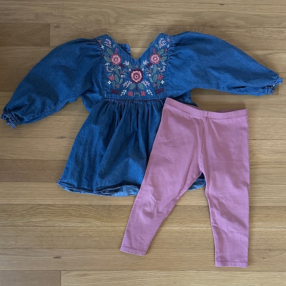 Iris & Ivy Denim Embroidered Top and Leggings Set